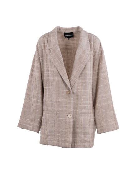 Shop EMPORIO ARMANI  Jacket: Emporio Armani oversized single-breasted jacket in tweed check.
Oversized and soft fit.
Single-breasted.
4-hole horn effect buttons.
Unlined.
Composition: 90% Cotton 6% Linen 3% Polyamide 1% Polyester.
Made in Tunisia.. 3D2B84 2NFZZ-F126